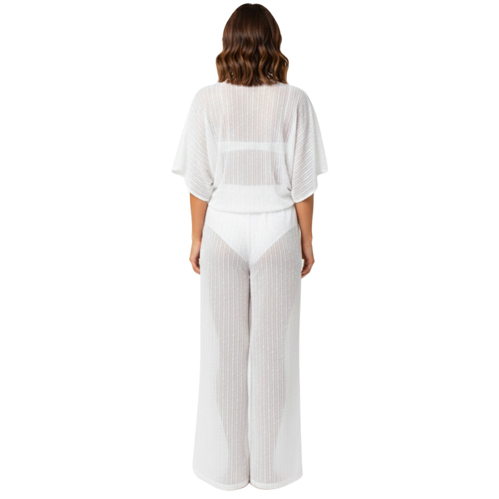 womens Sheer Tie-Front Top & Wide-Leg Pant Set white