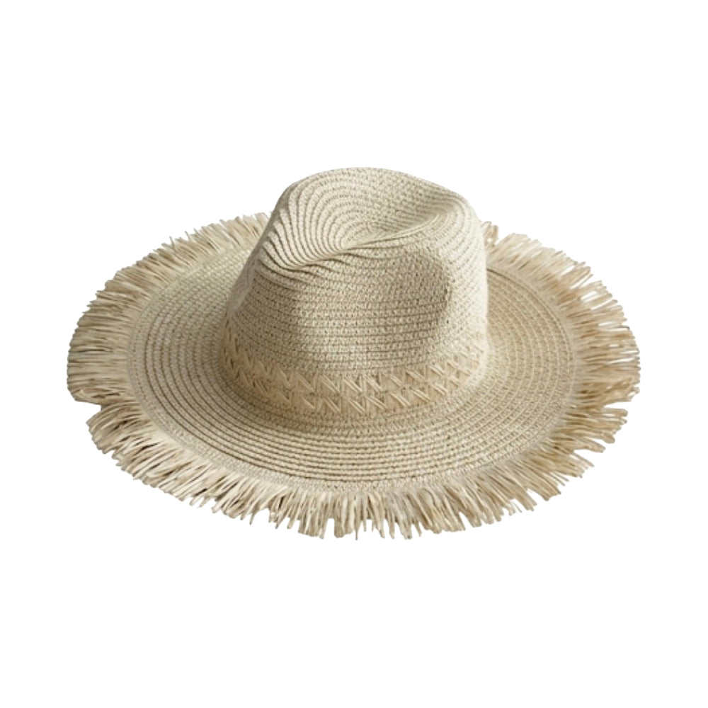 Frayed Brim Straw Fedora Hat Natural Beige