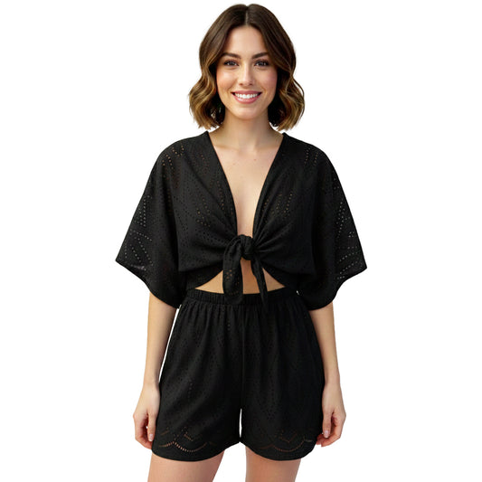 women's Eyelet Tie-Front Top &amp; Shorts Set lack