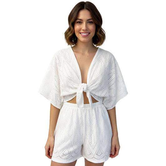 women's Eyelet Tie-Front Top &amp; Shorts Set white