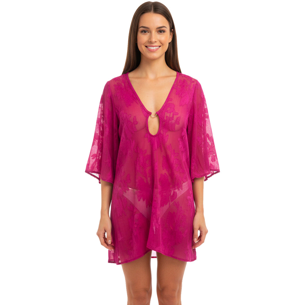 Fuchsia Floral Mesh Swim Cover-Up Dress