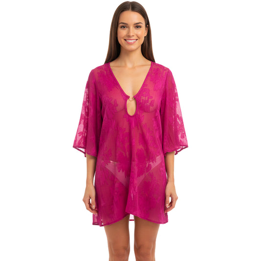 Fuchsia Floral Mesh Swim Cover-Up Dress