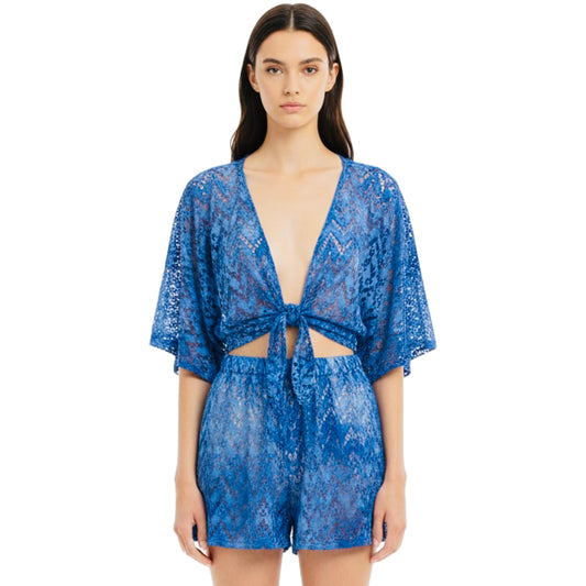 Women's Shimmer Tie-Front Top &amp; Shorts Set Blue