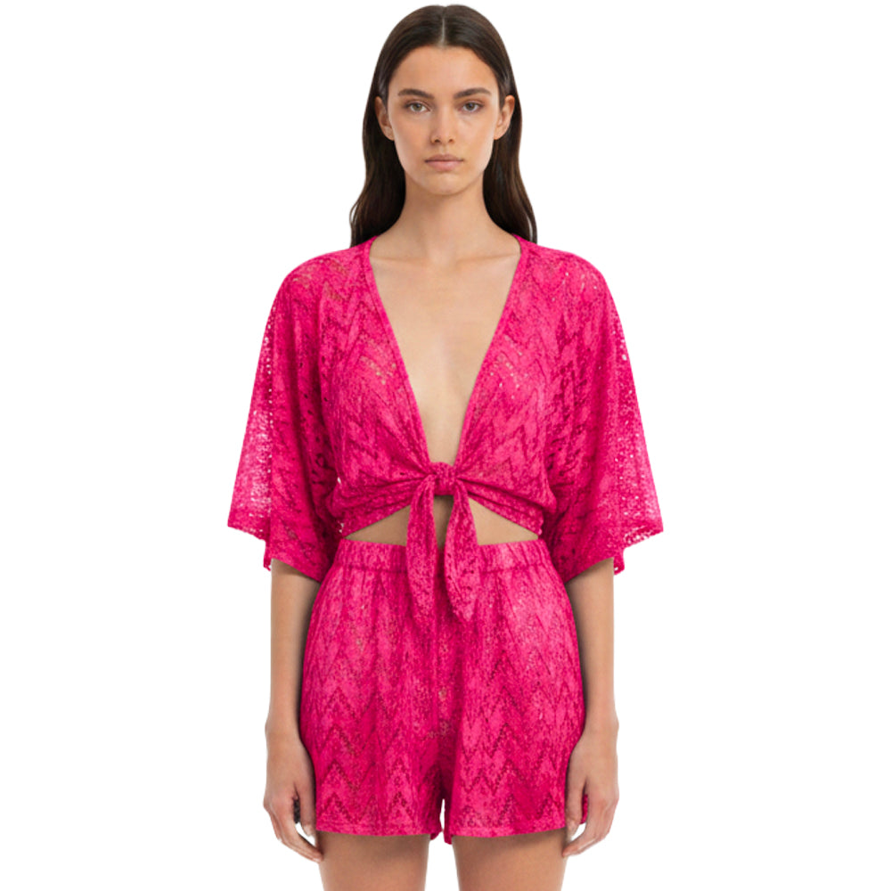 Women's Shimmer Tie-Front Top &amp; Shorts Set Pink