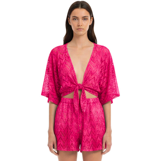 Women's Shimmer Tie-Front Top &amp; Shorts Set Pink