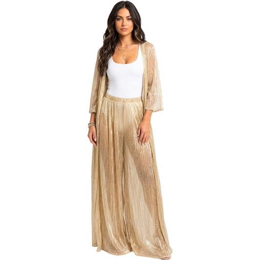Womens Sheer Duster and Wide-Leg Pant Set Gold