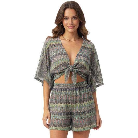 womens Metallic Tie-Front Crop Top and Shorts Set