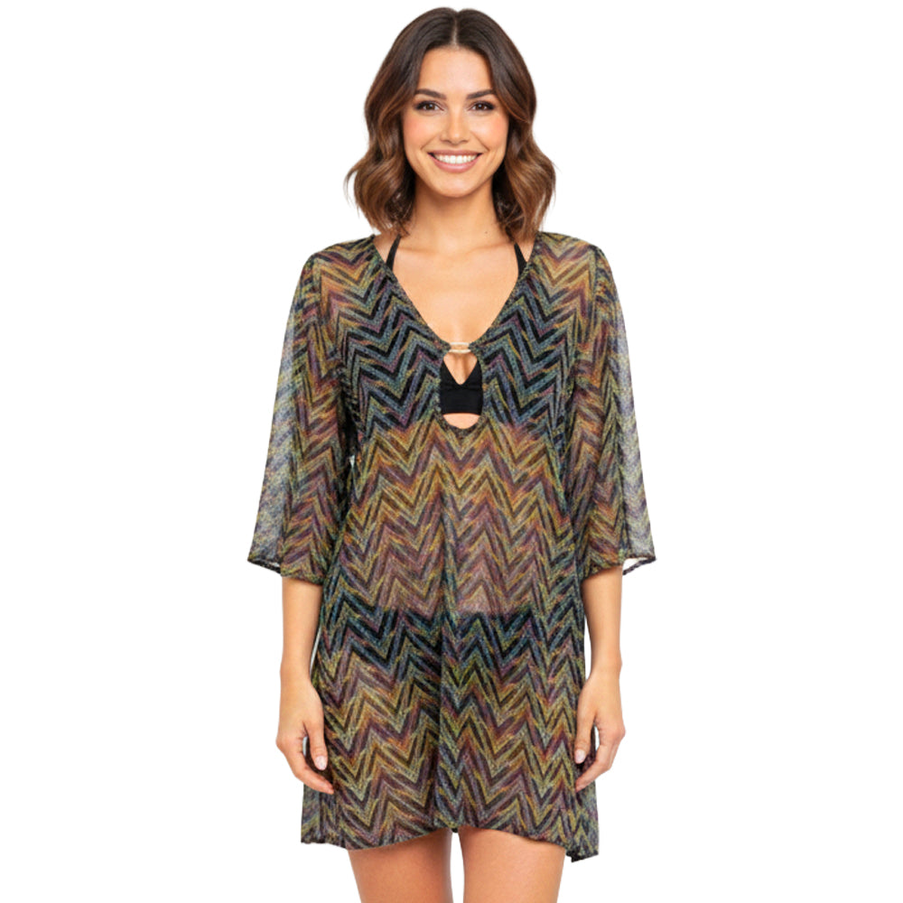 Chevron Mesh Swim Cover-Up Dress