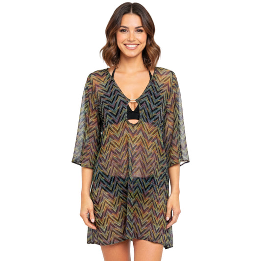 Chevron Mesh Swim Cover-Up Dress