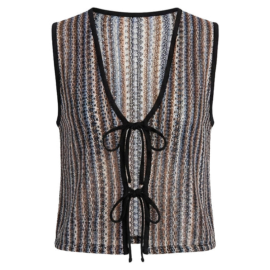 womens Neutral Stripe Tie-Front Vest