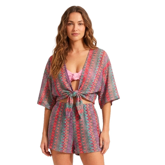 womens Metallic Tie-Front Crop Top and Shorts Set
