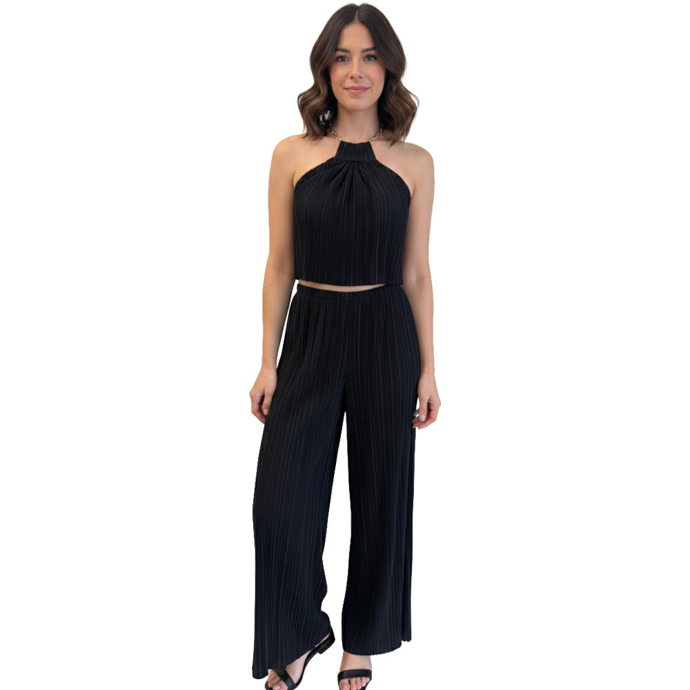 womens Pleated Halter Crop Top &amp; Wide-Leg Pant Set black