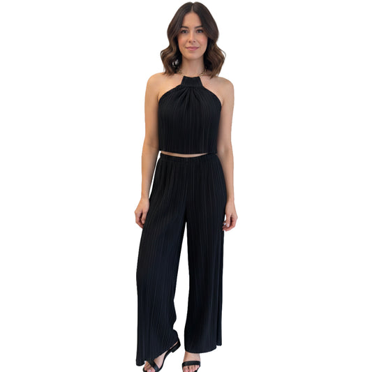 womens Pleated Halter Crop Top &amp; Wide-Leg Pant Set black