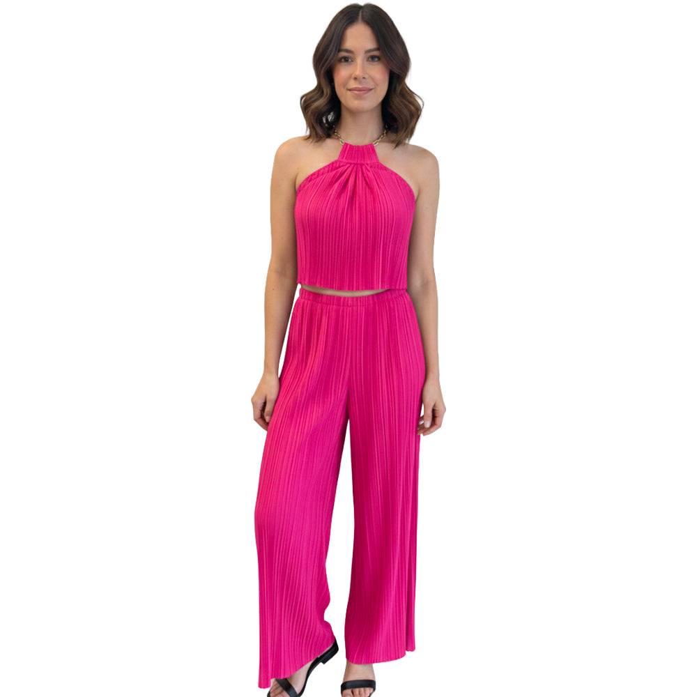 womens Pleated Halter Crop Top &amp; Wide-Leg Pant Set fuscia