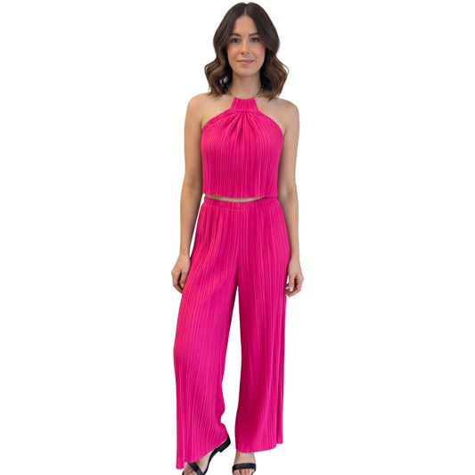 womens Pleated Halter Crop Top &amp; Wide-Leg Pant Set fuscia