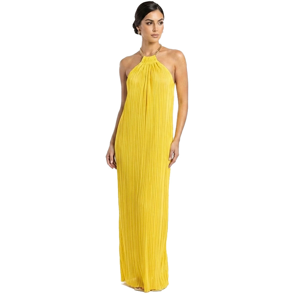 Pleated Halter Maxi Dress Yellow