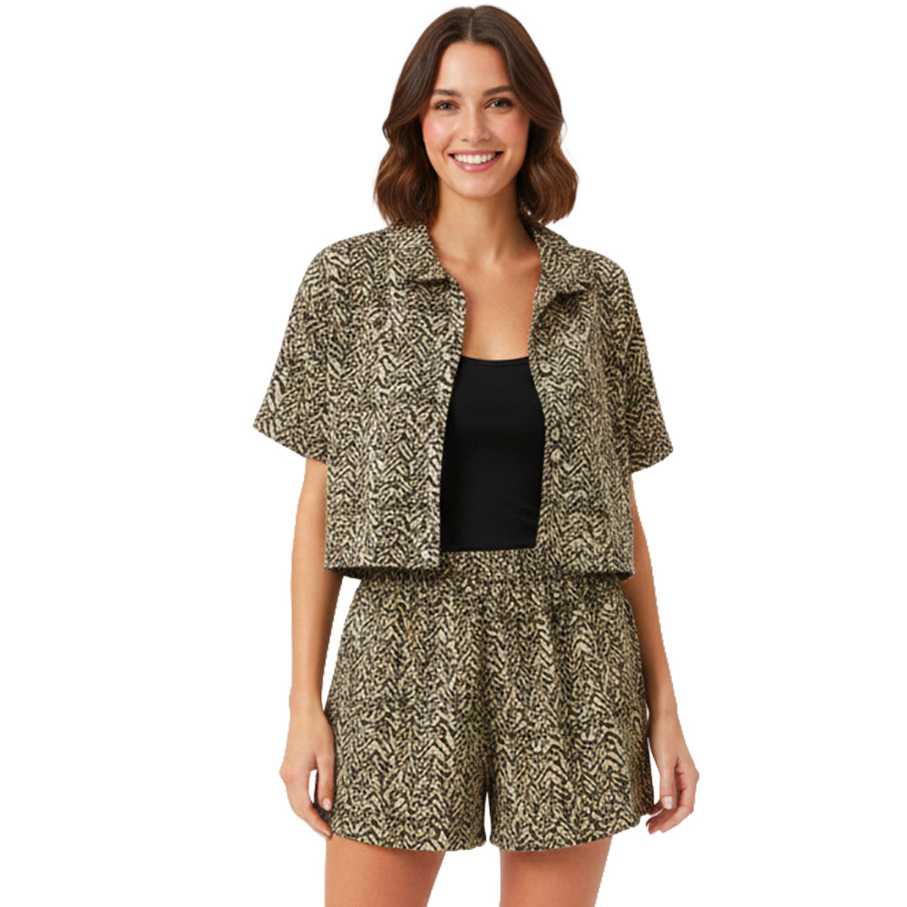 womens Printed Button-Front Shirt Shorts Set