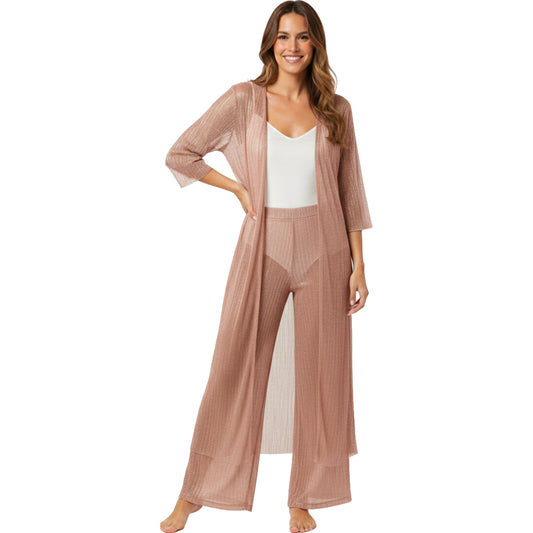 Womens Sheer Duster and Wide-Leg Pant Set Rose Gold