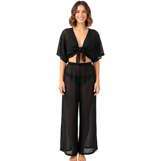 womens Sheer Tie-Front Top &amp; Wide-Leg Pant Set black