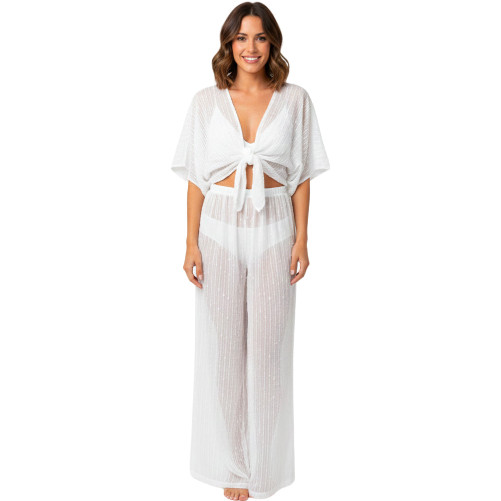womens Sheer Tie-Front Top &amp; Wide-Leg Pant Set white