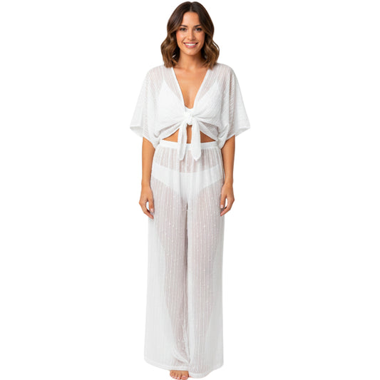 womens Sheer Tie-Front Top &amp; Wide-Leg Pant Set white