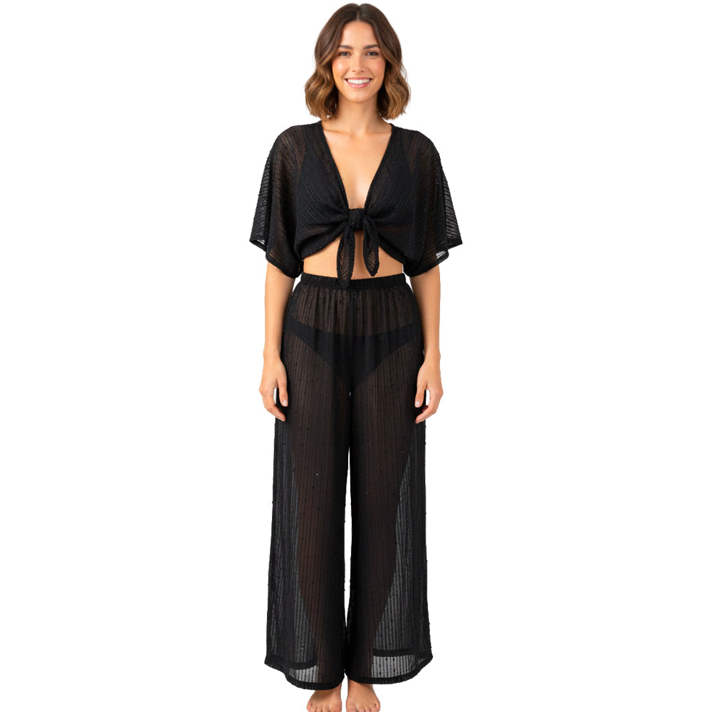 womens sheer tie front top and wide leg pants set