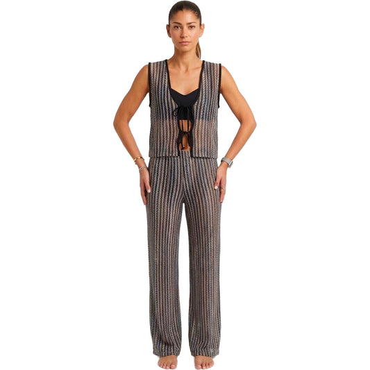 womens Striped Tie-Front Vest Top Relaxed Pants Set