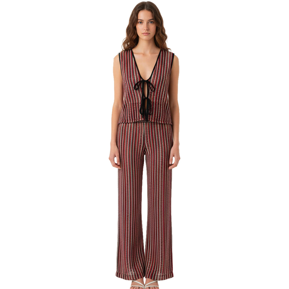 womens Striped Tie-Front Vest Top Wide-Leg Pants Set